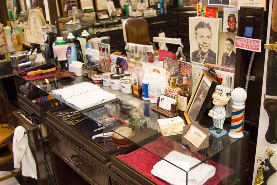 The vintage barber station with tonics and tools